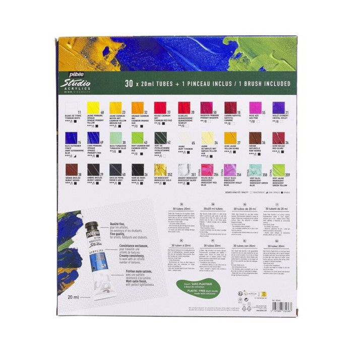 Peinture acrylique - Pébéo - Studio Acrylics - 30 tubes de 20 ml - Haute viscosité - Satiné