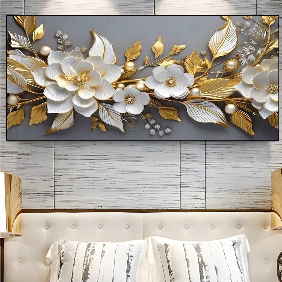 Contemporary Golden Leaf and White Flower Mural for Home or Office Decor