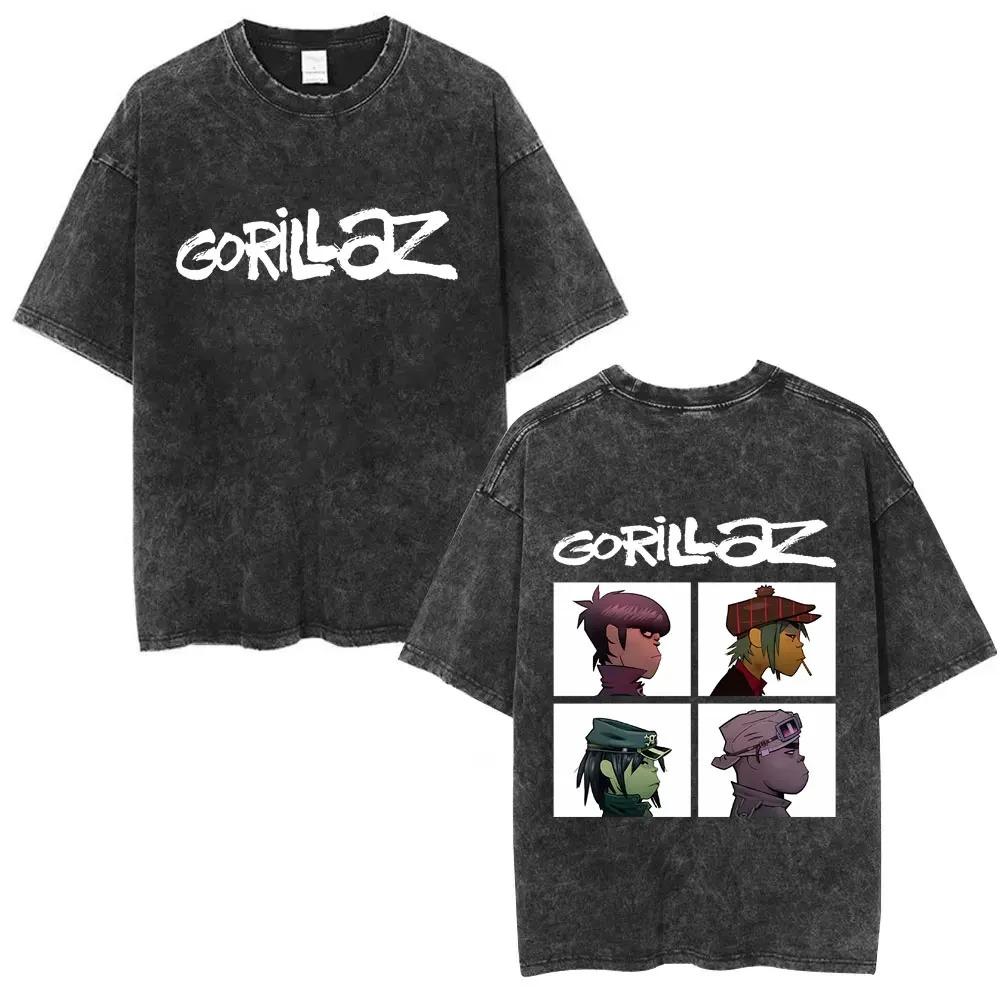 British Classic Virtual Band Gorillaz Poster Tshirt Men Women Streetwear Hip Hop Vintage Washed Cotton Top Oversized Summer Tee
