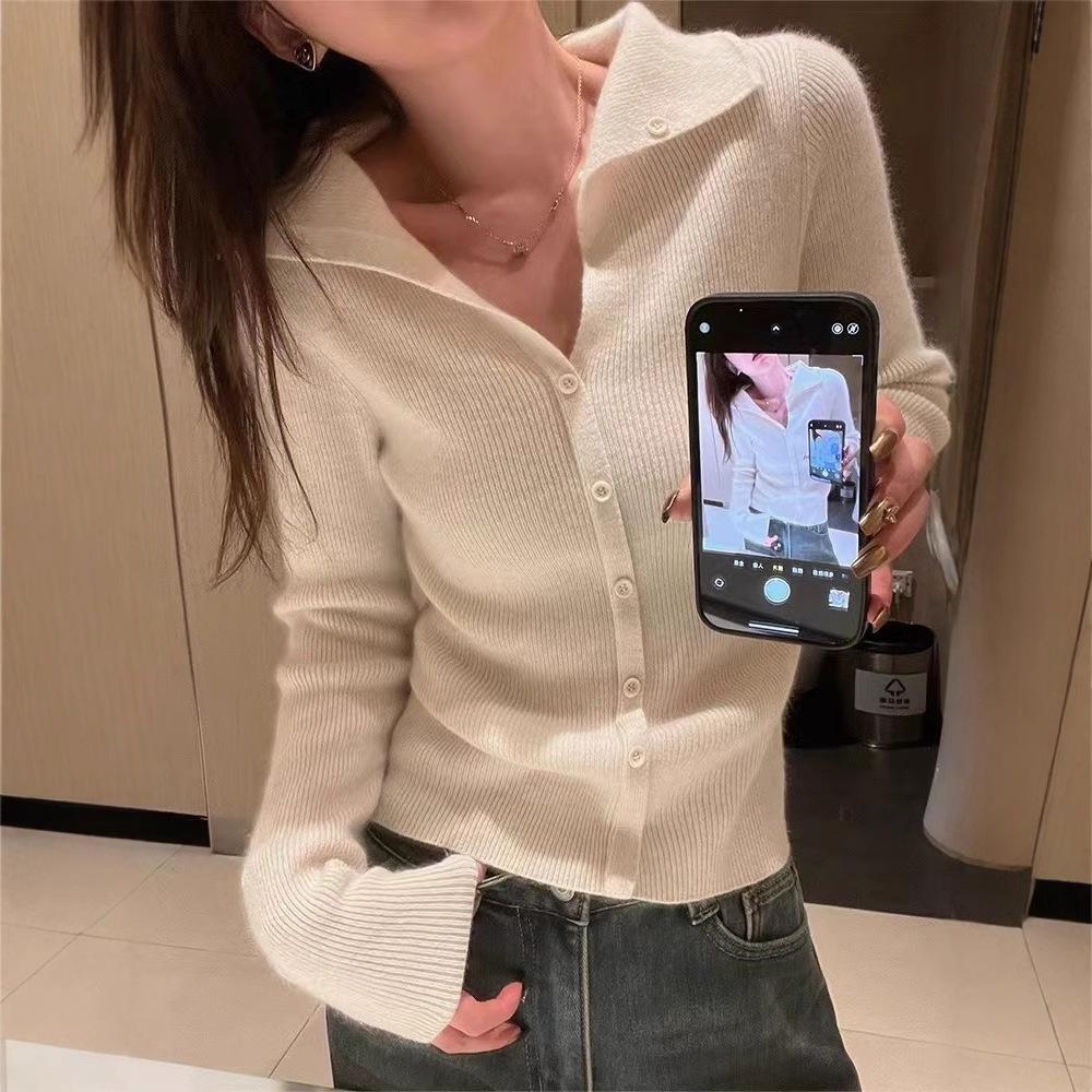 Women's Elegant Navy Collar Pure Wool Knit Cardigan Sweater