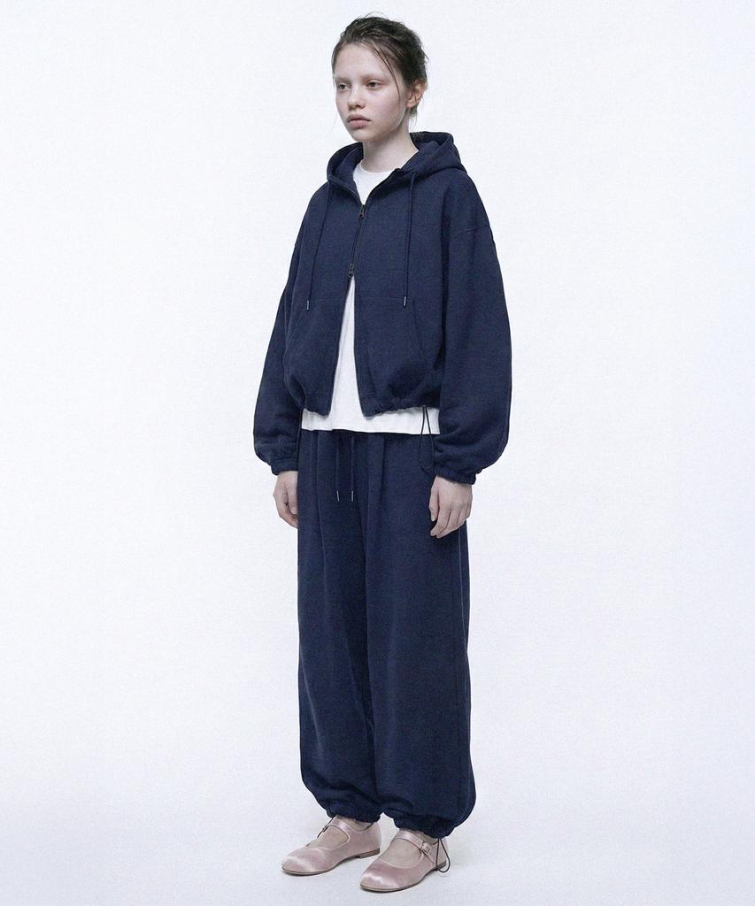 Prinoar [Set] String Oversized Two-Way Zip-Up Hoodie + Single-Pleat Wide Pants - Navy
