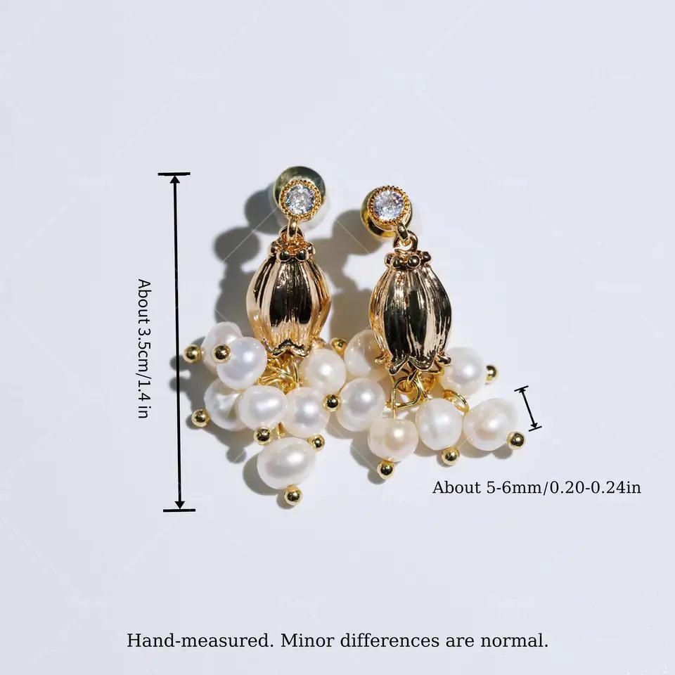 MYSOYA Freshwater White Pearl Stud Earrings with Gold Lily of the Valley Design, 5-6mm C505 US Size