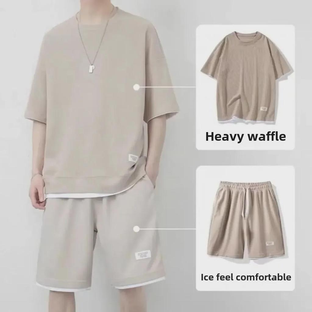 Herren Waffel Kurzarm T-Shirt und Locker Zweiteiliges Freizeit Sportset