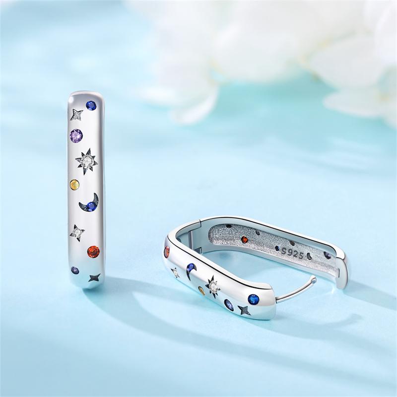 Real 925 Silver Hoop Earrings Colorful Zircon Bright Starry Sky Earrings Women Engagement Wedding Party Silver Jewelry