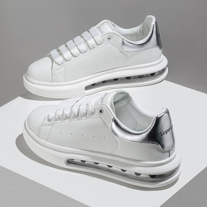 Sapatos pretos masculinos mais vendidos, sapatos esportivos casuais masculinos de sola grossa com amortecimento de ar, sapatos brancos femininos modernos e versáteis