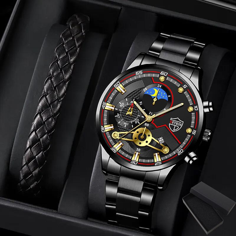 

Набор из 2 предметов, мужская мода, нержавеющая сталь, деловые роскошные часы с указателем даты, кварцевые часы, мужской подарок