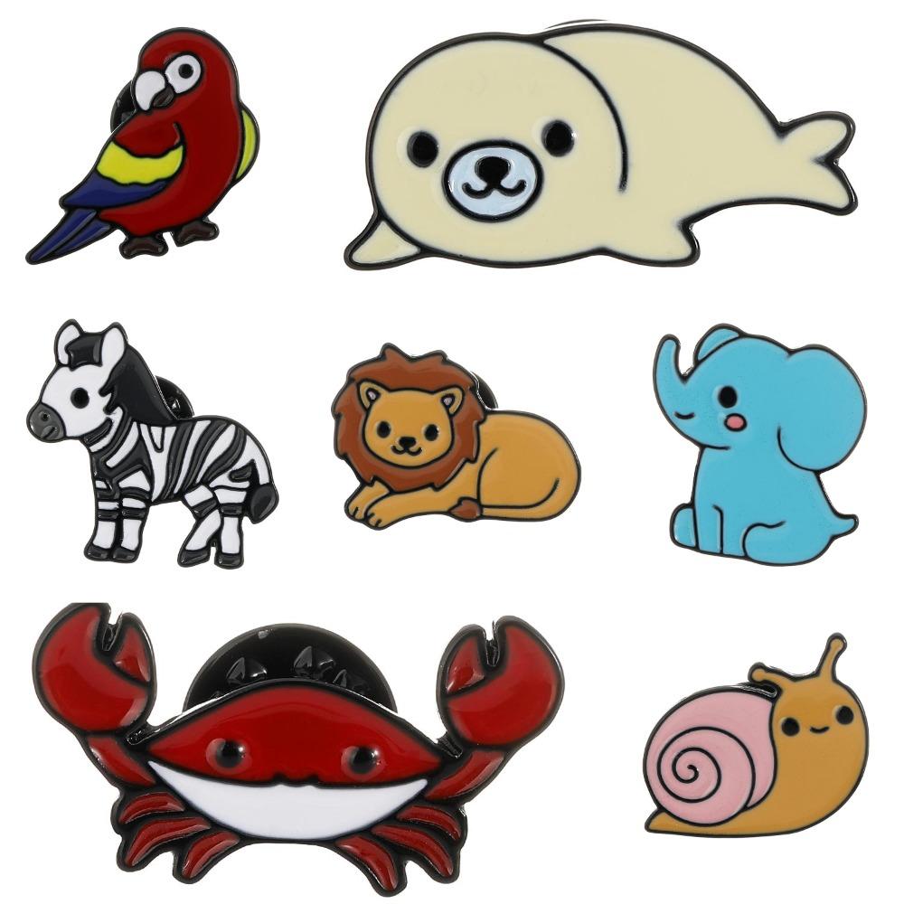 7 Styles Cartoon Mini Animal Enamel Brooches Cute Crab Elephant Snail Zebra Parrot Lion Shaped Pins For Women Girls Badge