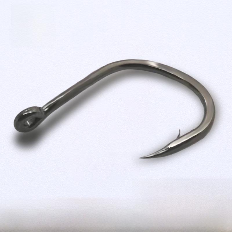 Ise-ni Hardened Tube-Shank Fish Hook, Black Nickel, Barbed, Offset, with Eyelet and Ring.