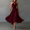Retro Elegant Black Keyhole Backless Halter Neck A-line Long Dress for Women
