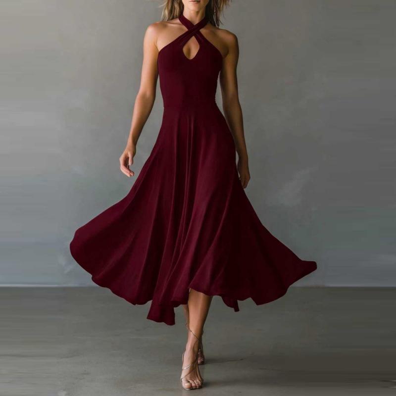 

Retro Elegant Black Keyhole Backless Halter Neck A-line Long Dress for Women XXL