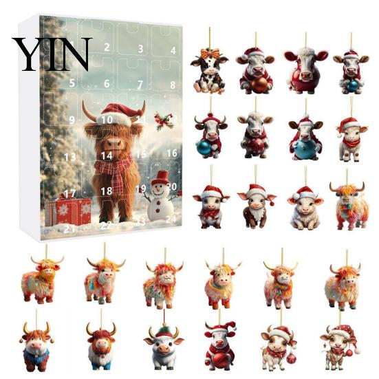 Decorative Acrylic Ornaments for Windows Doors Christmas Advent Calendar, 24 Day Countdown Box with Highland Cow Hanging Tree Pendants, Festive Decor,