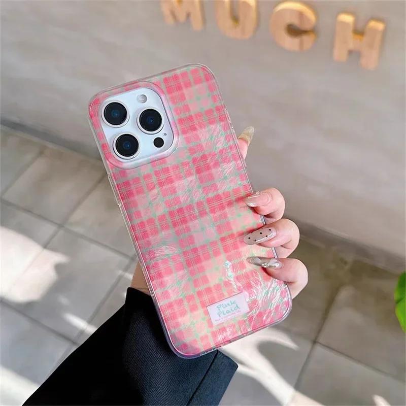 Ins Pink Small Grid Phone Case for Iphone 16 12 14 15 Pro Max 14pro 13 7 8 Plus X XR XS 16pro 15promax Shockproof Cover Shell