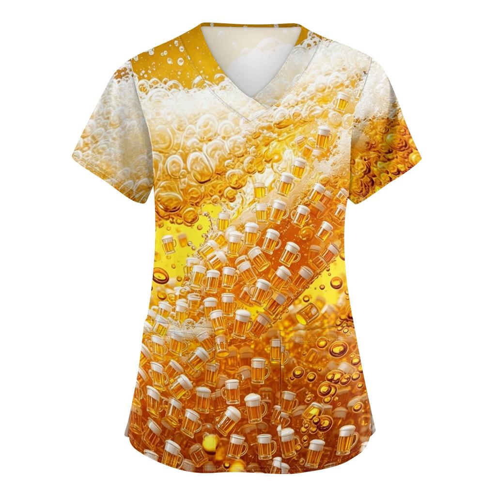 Womens V Neck Short Sleeve Work Shirt With Pockets Oktoberfest Beer Print Top Medical Scrub Style Uniform