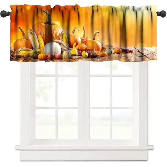 Farm Fall Window Valance, Thanksgiving Pumpkins Autumn Leaves Vine Windows Curtain Valance for Kitchen Dining Room Canteens Home Decor, One Panel