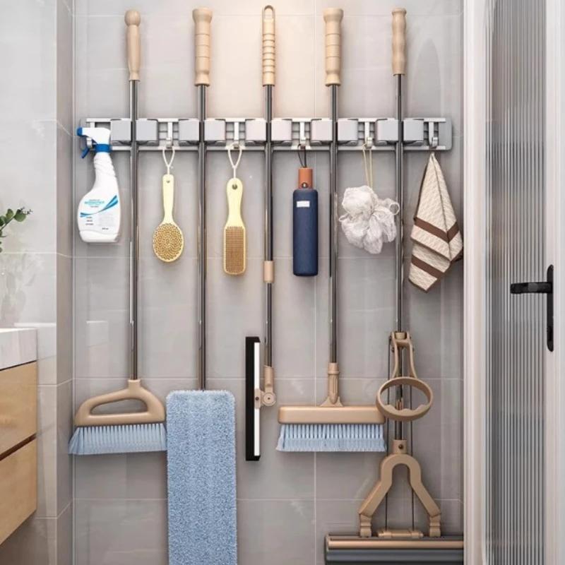 Mop and Broom Organizer Holder Rack Mop Holder Wall Mounted Strong Broom Holder Self With 5 Hooks Organizers Hang Broom