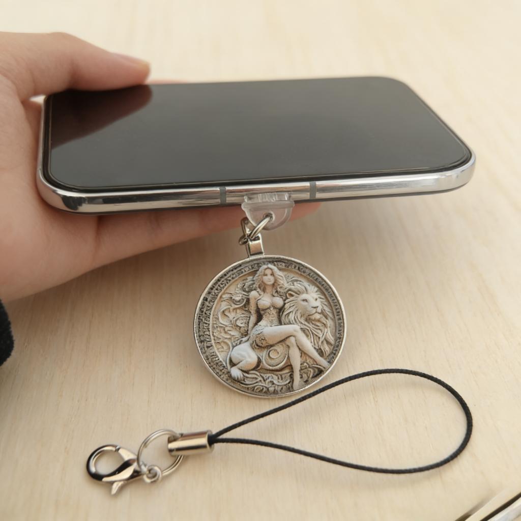 Vintage Embossed Beauty and Lion Lanyard Phone Dust Plug, Comes with Anti-Loss Strap, Dual-Use for Anti-Loss and Decoration