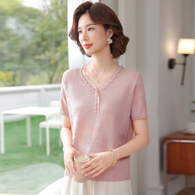 Elegant Lace Embroidery Knit Top - Short-Sleeved Ice Silk Blouse for Middle-Aged Women