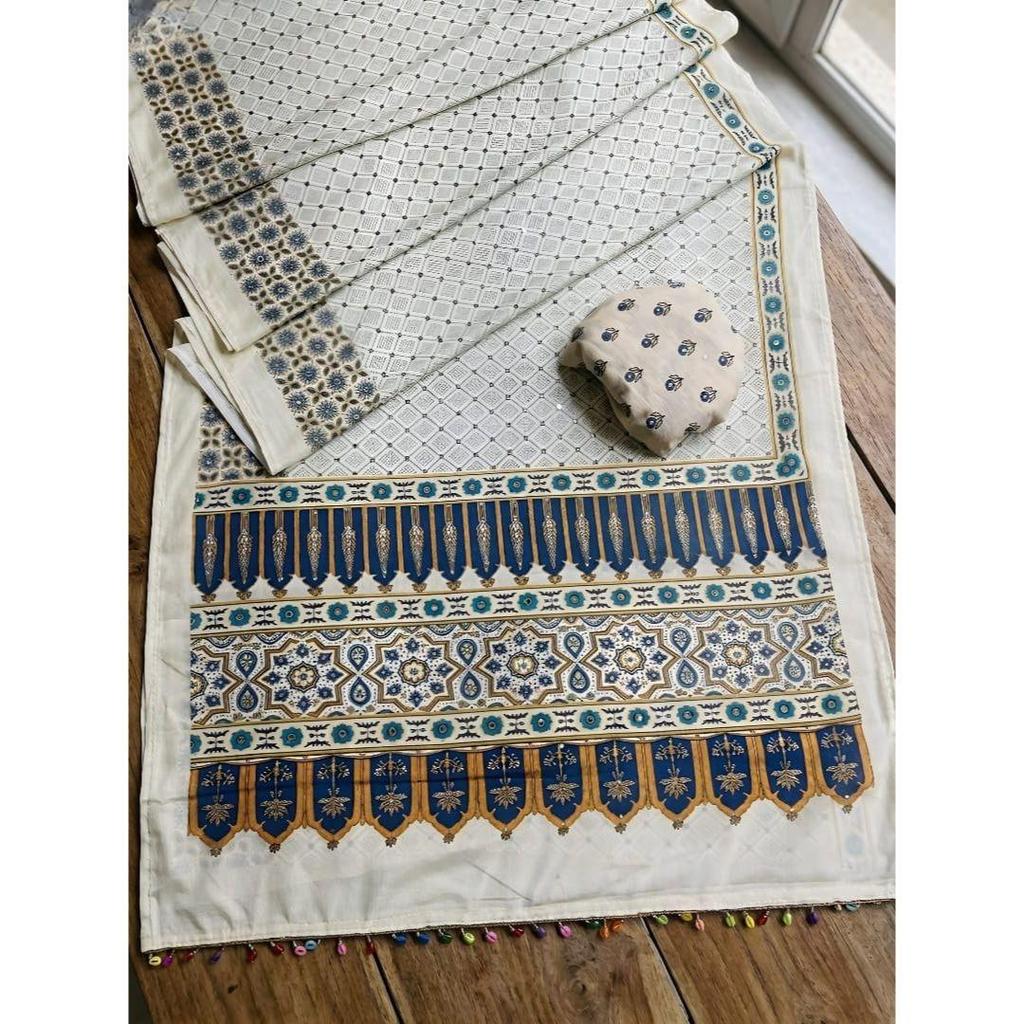 New Launch – Designer Chinnon Ajrak Saree with Real Mirror Work & Premium Kodi Lace Border