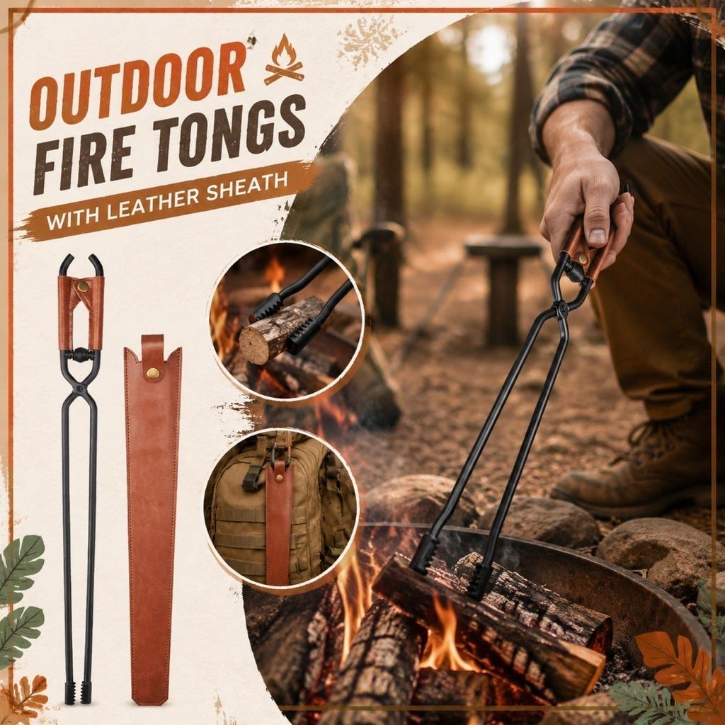 Outdoor Fire Pit Tongs with Leather Sheath Long Handle Campfire Tool for Camping Picnic Firewood Grilling and Bonfire Use