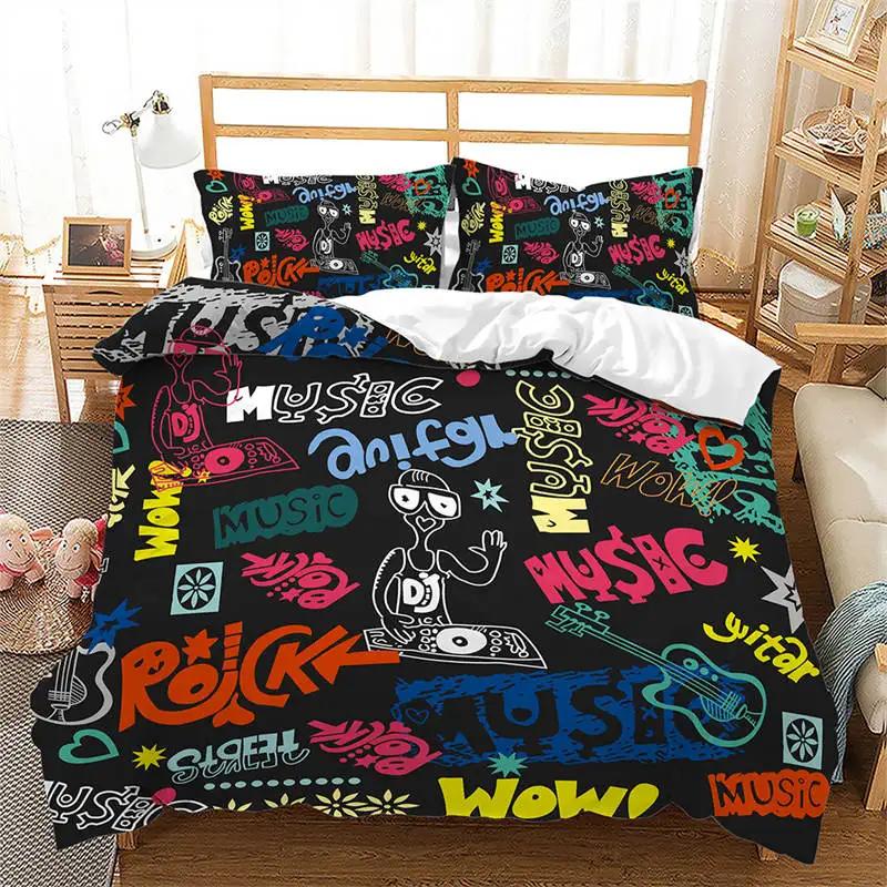 Graffiti Bettbezug Hip Hop Street Culture Print Bettwäscheset Mikrofaser Bunt Überlappende Blockige Buchstaben Kunst Bettdeckenbezug