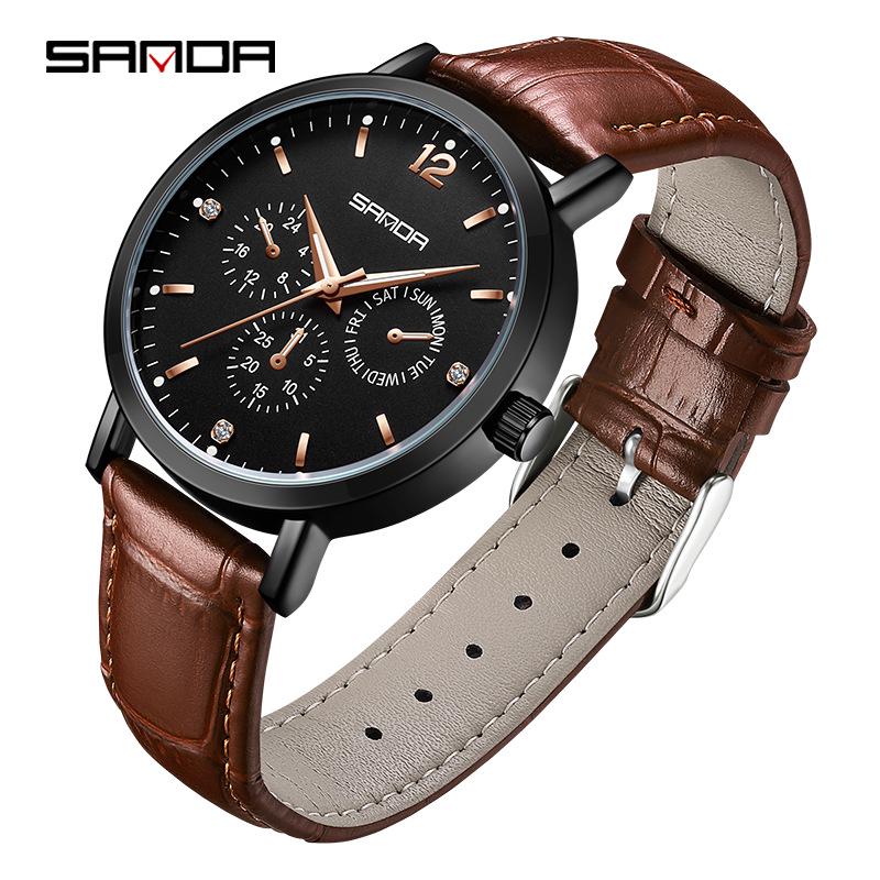 Sanda Waterproof Six-Hand Quartz Wristwatch, Luminous Hands, Unisex for Business and Casual Wear