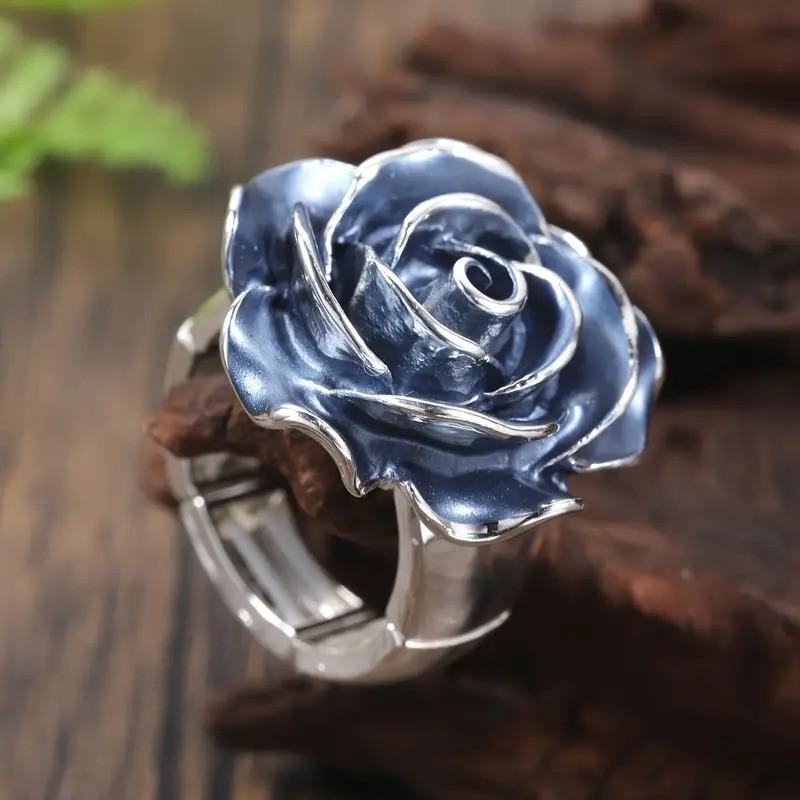 CopperOil Blue Rose Rings For Women Punk Vintage Flower Wedding Band Engagment Jewelry