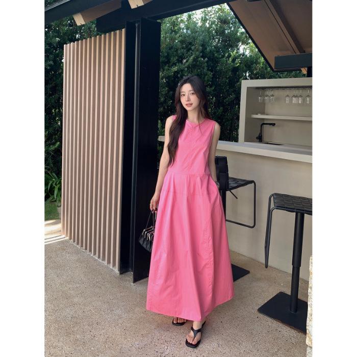 French Holiday Style Sleeveless Dress Women's Summer New Rose Red Waist Long Dress Niche Design Temperament
