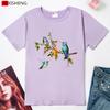 Birds And Flowers Print Women T-Shirts Summer Casual Short Sleeve O Neck Tops Tees 5 Colors Cute Women's Clothing