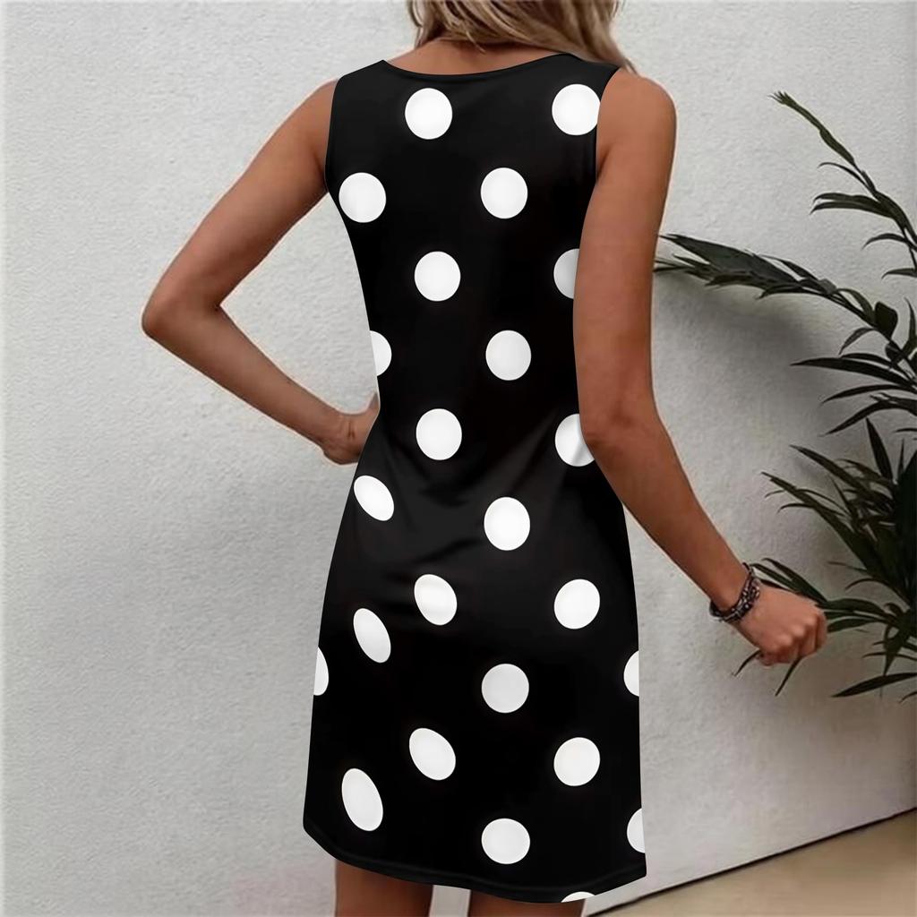 Abito casual da donna senza maniche con stampa pois, girocollo, vestibilità rilassata, leggero, alla moda, abito estivo per l'uso quotidiano
