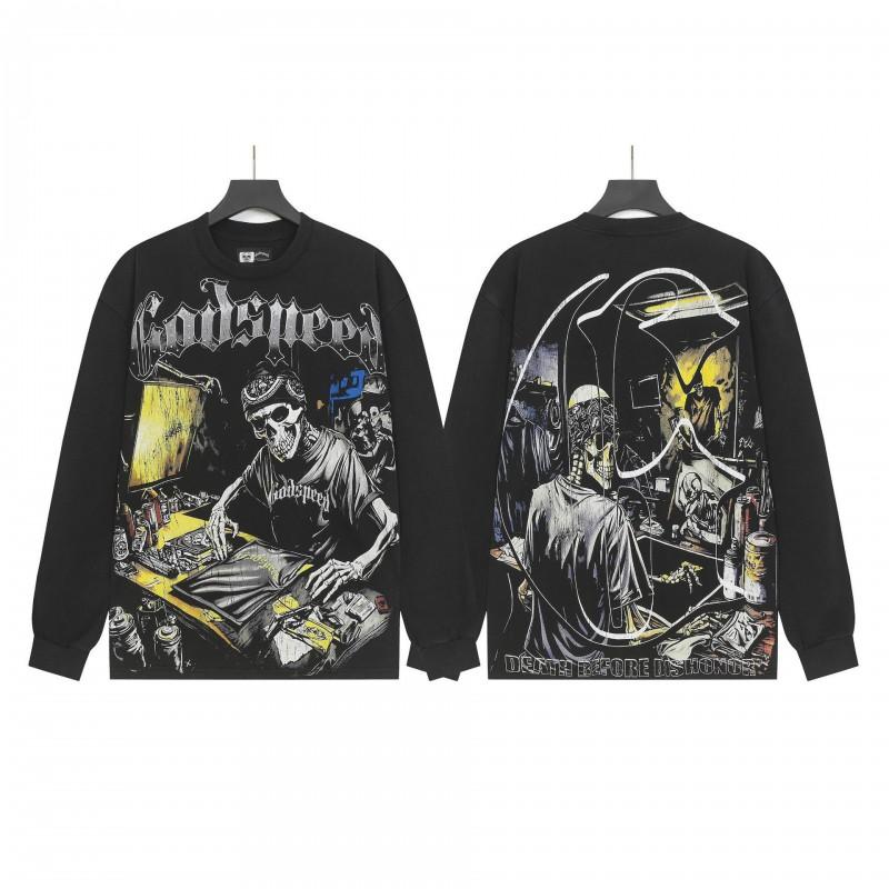 Unisex Vintage Skull Print Washed Cotton Long Sleeve Hoodie Streetwear Loose Fit