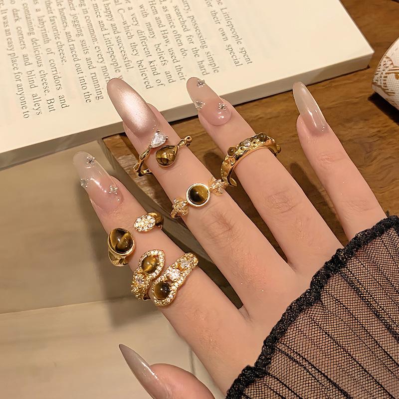 18k Gold Plated Tiger Eye Open Ring - Retro, High-End, Versatile Fashion Jewelry.