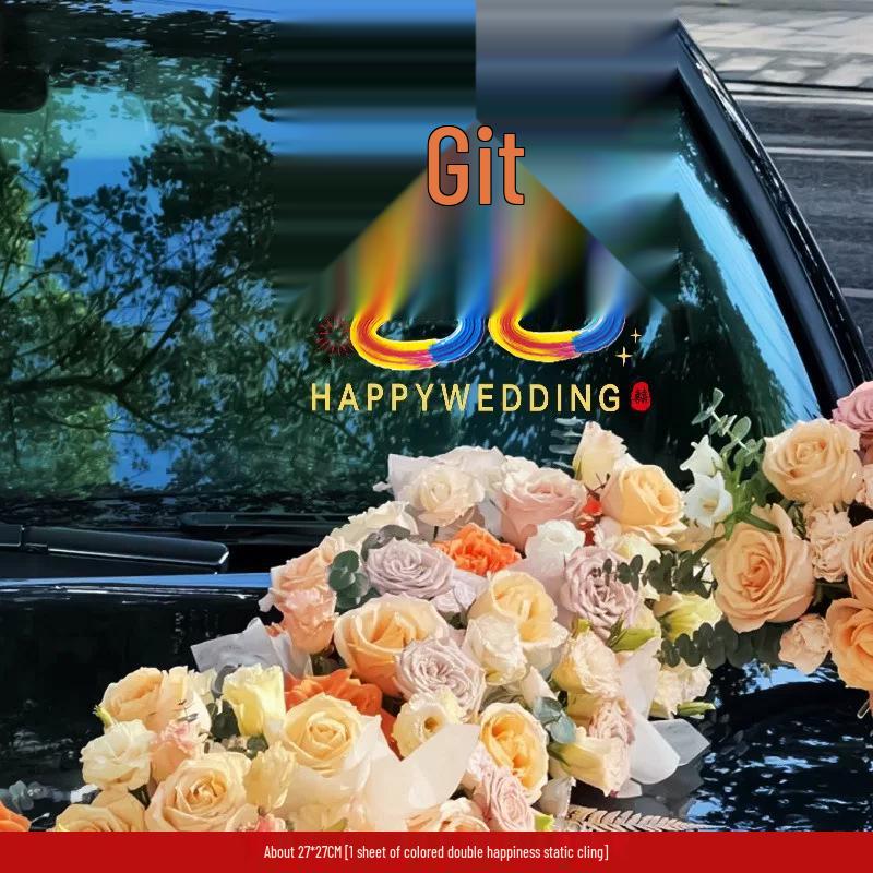 Wedding Car Decoration Set: Ribbons, Flowers, Mirror Arrangements, Double Happiness Stickers