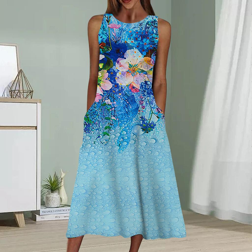 

Летнее модное сексуальное платье без рукавов мягкое повседневное платье с принтом больших синих цветов 3D без рукавов платье на бретельках M темно-синий