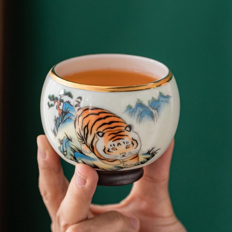 130ml Ceramic Tea Cup Tiger Pattern White Porcelain Kung Fu Tea Set