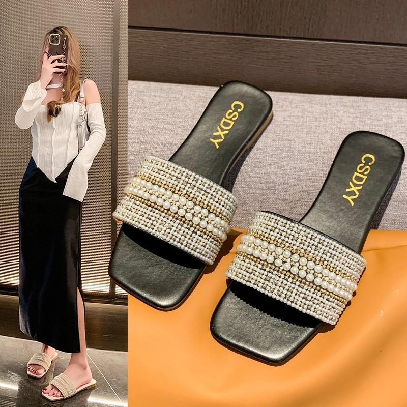 

Fashion Women Luxury Pearl Slippers Summer Square Toe Flats Slides Sandals Woman Comfortable Non Slip Beach Flip Flops Big Size 43 35 чёрный