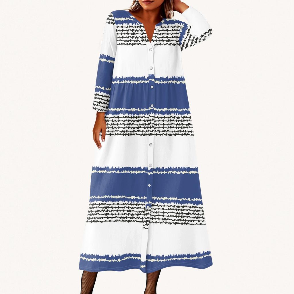 Damen Modisches Bedrucktes Rundhals Siebenviertelarm Knopf Lockeres Hemdkleid