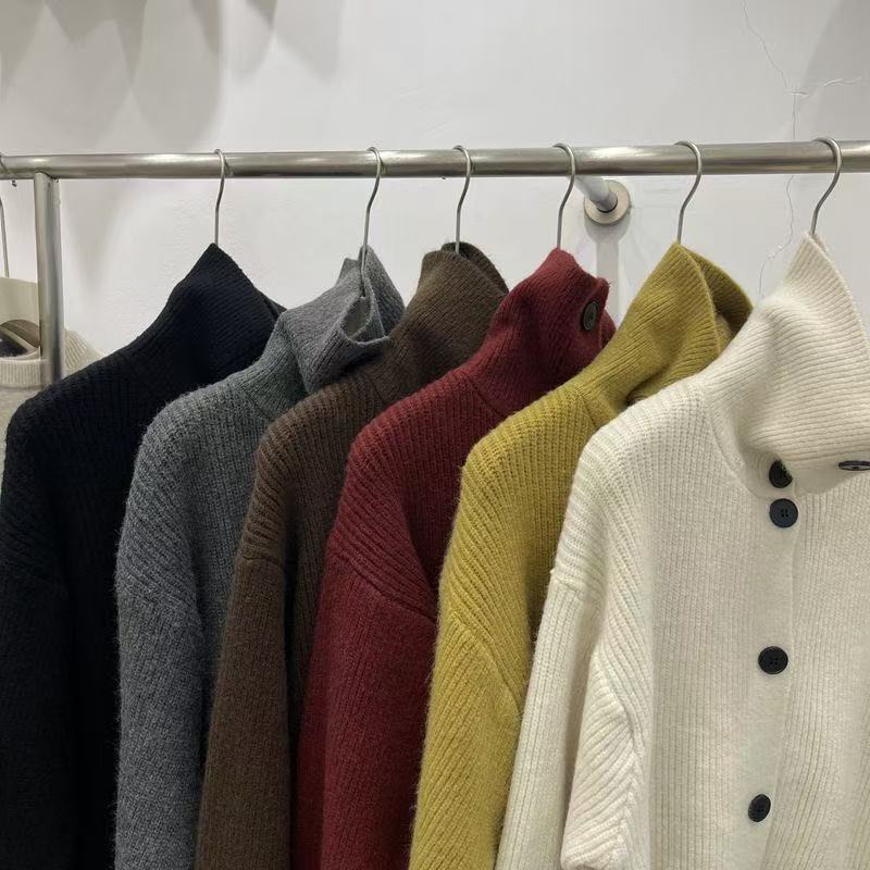 French Vintage Design Style Turtleneck Tops Autumn Casual Loose Single-breasted Clothes Solid Long Sleeve Knitted Sweater Winter