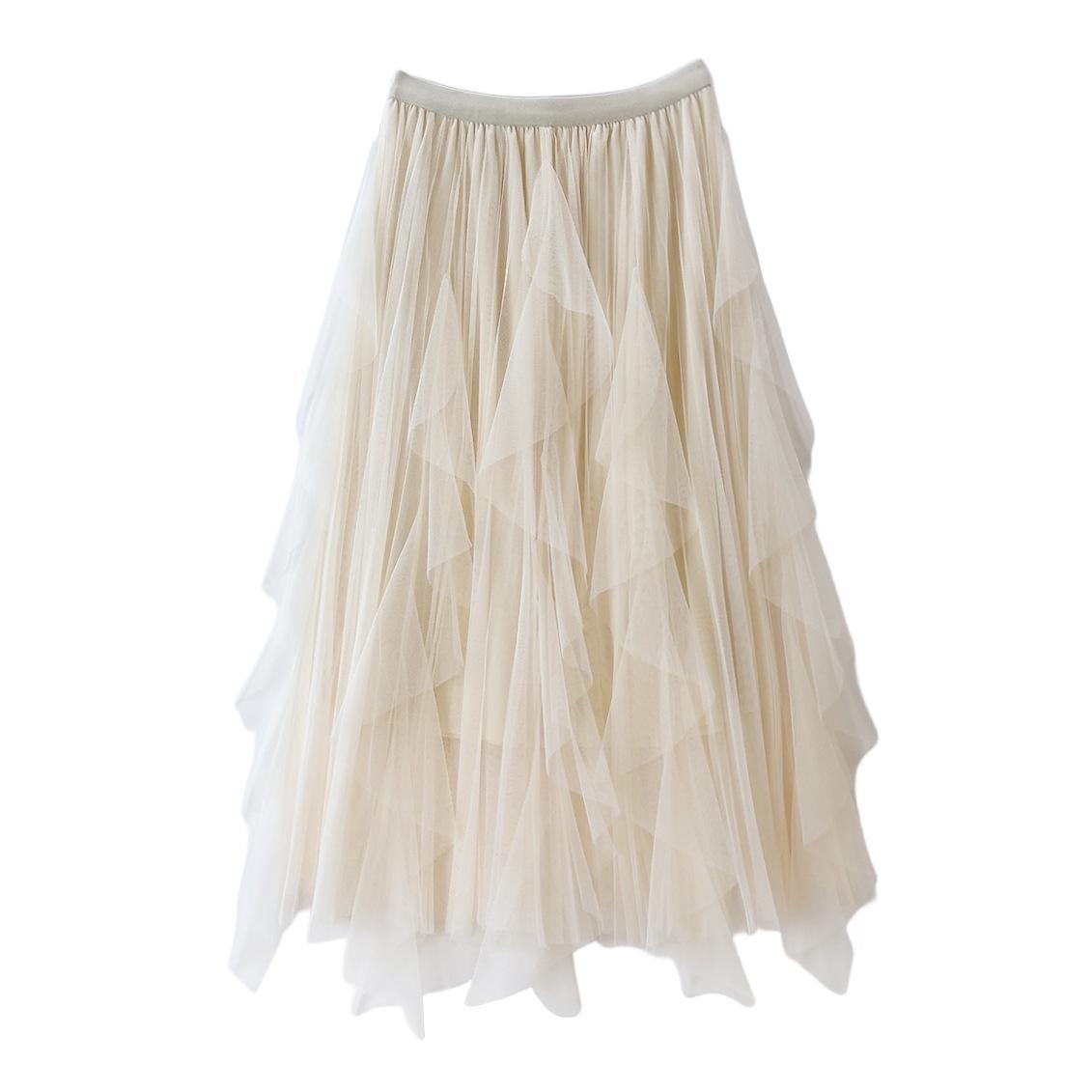 2023 Women s Irregular A-Line Pleated Gauze Skirt with Tassels One Size абрикосовый