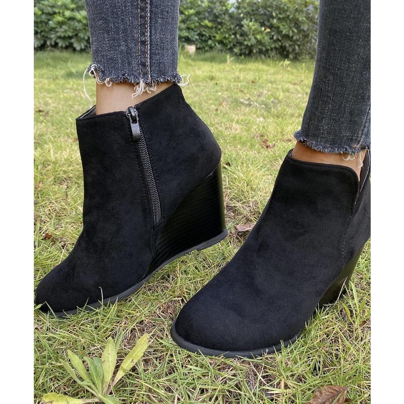 Größe 44 Damen-Kurzstiefel mit Absatz, Herbst und Winter, neu, flacher Boden, runde Spitze, Seitenreißverschluss, Stiefel mit hohem Absatz und Stiefeletten