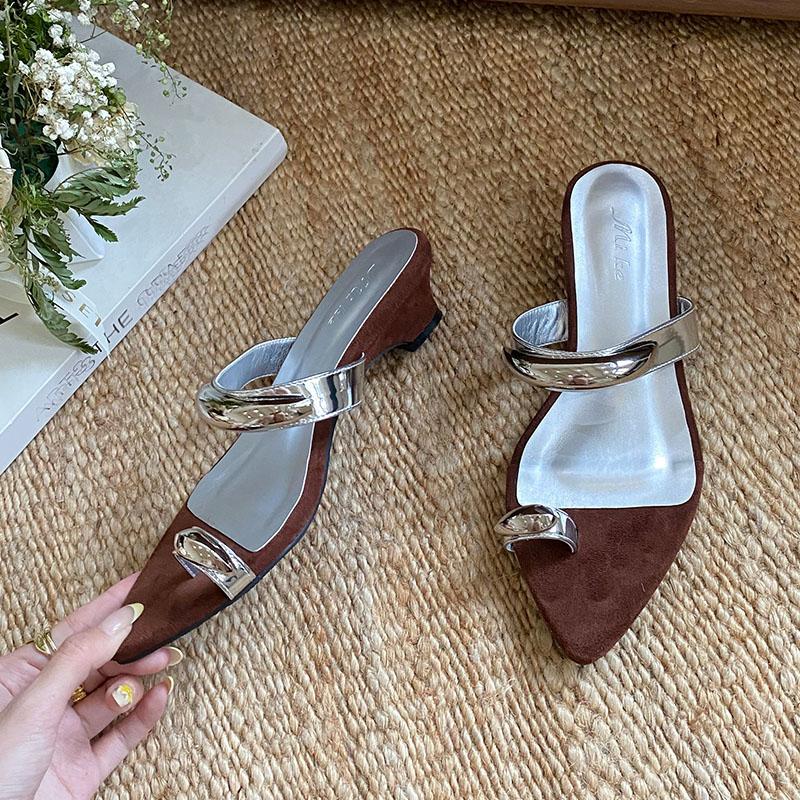 Fashion Fashion Metal Women Low Heel Slippers Shoes Shallow Female Slides Pointed Toe Ladies Heeled Slippers Shoes Sandals Flip flops