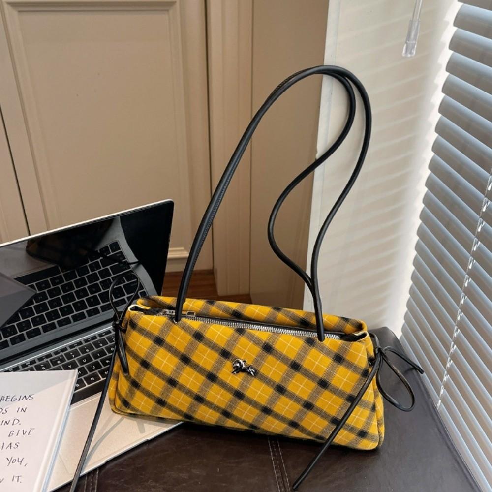 Retro Striped Plaid Shoulder Bags Simple Style Long Strap Underarm Bag Zipper Bow Handbags  Women