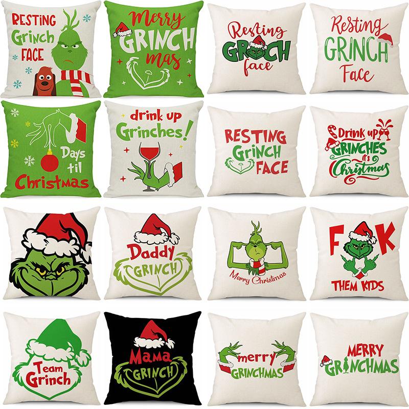 New Funny Designs and Popular Christmas Green Haired Weird Grinch Linen Pillowcase Living Room Bedroom Backrest Cover