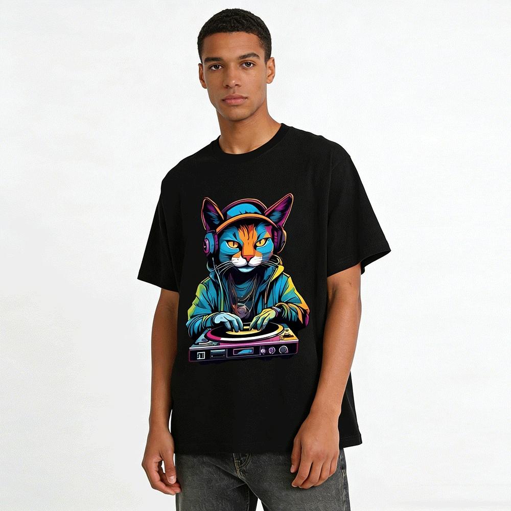 Cool DJ Cat Print Street Style Unisex Casual Top Pure Cotton T-shirt
