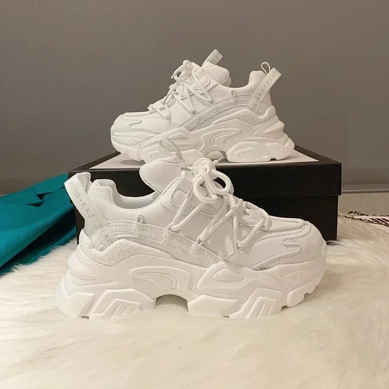 Fashion New Chunky Women's Sneakers Internal Increase Leather Casual White Ladies Shoes Trainer Platform Sneaker Womens Zapatillas Mujer