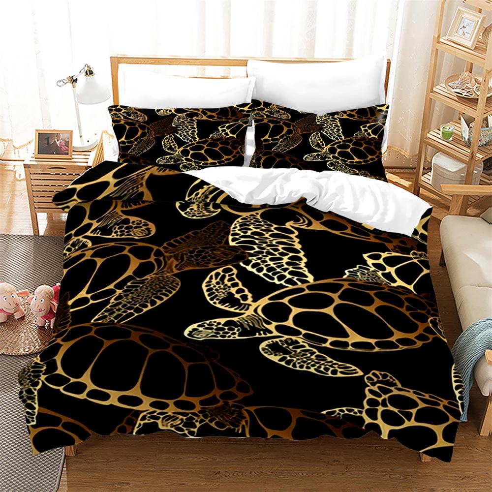 Sea Turtle Duvet Cover Set Black Gold Tortoise Reptile Bedding Set King Twin Size Polyester Comforter Cover for Kids Boys Girls