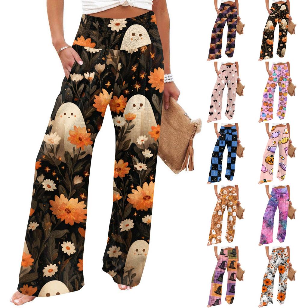 Women's Casual Time Straight Leg Pants Print High Waist Pants With Pockets