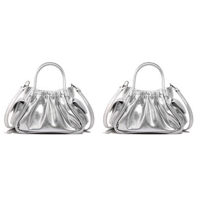 Women PU Pleated Shoulder Bag Fashion Cloud Tote Bag Chic Crossbody Bag (Silver)