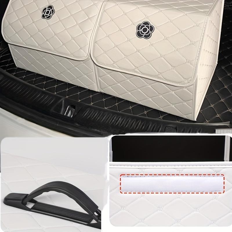 1pc Camellia Fashion Car Trunk Organizer, White Diamond Pattern with Handle and Camellia Logo