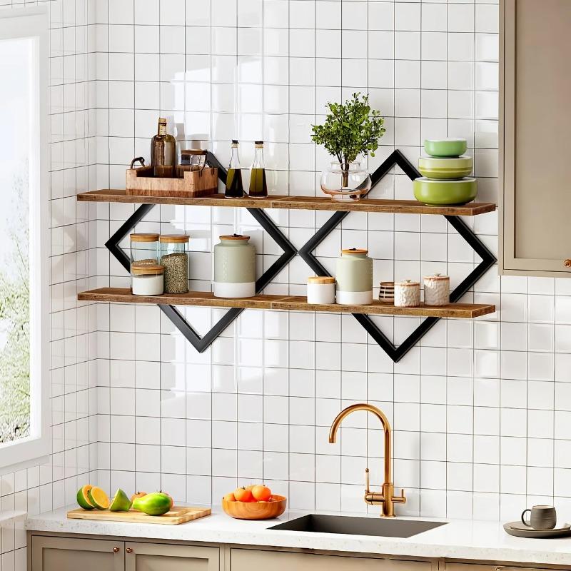 Retro Wall Mounted Shelves, Double Layer Rustic Wooden Storage Rack for Bathroom, Kitchen, Living Room Decor