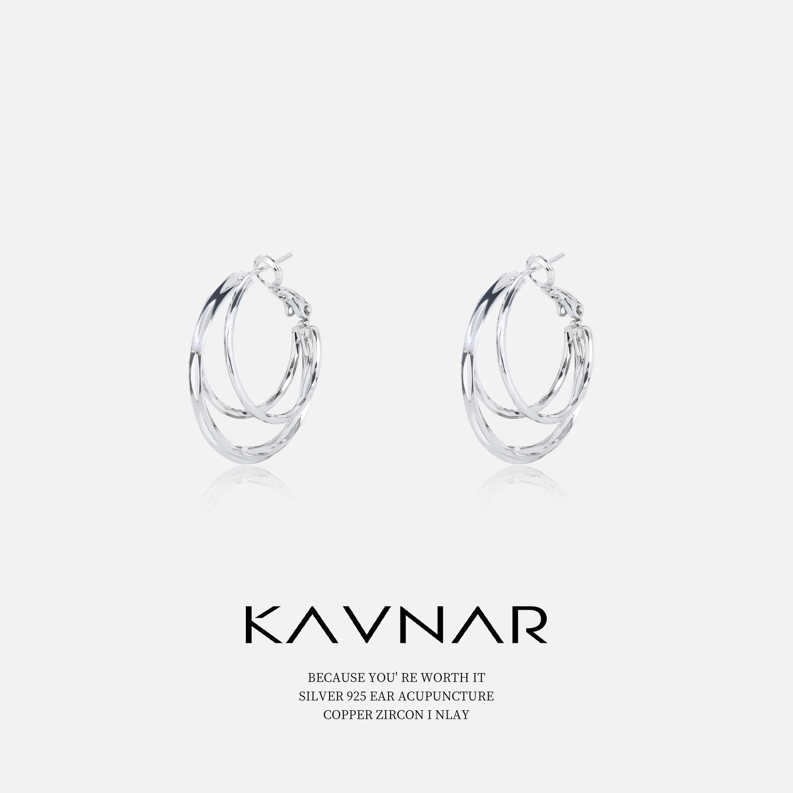 KAVNAR Hoop Earrings White Gold Plated Brass 925 Sterling Silver Post Triple Layer Minimalist for Women